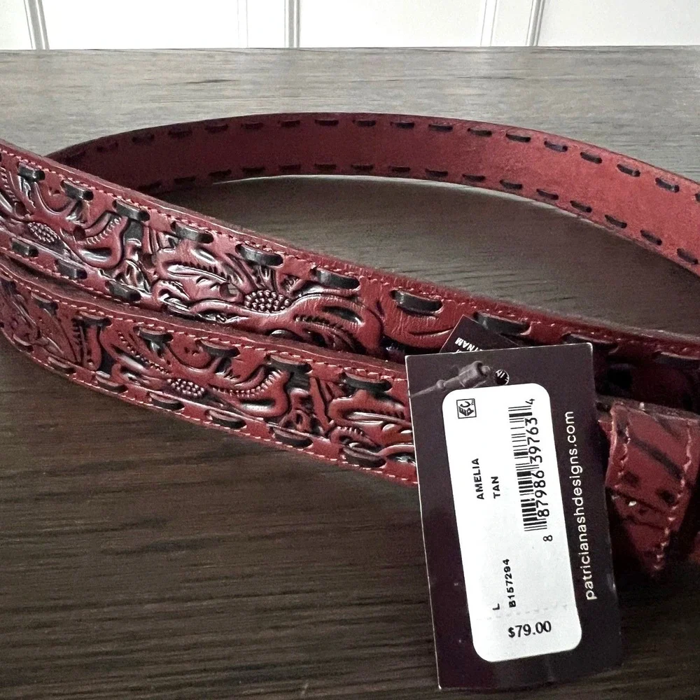 Patricia Nash Amelia Western Tooled Leather Belt Rich‎ Brown Size L NEW MSRP $79